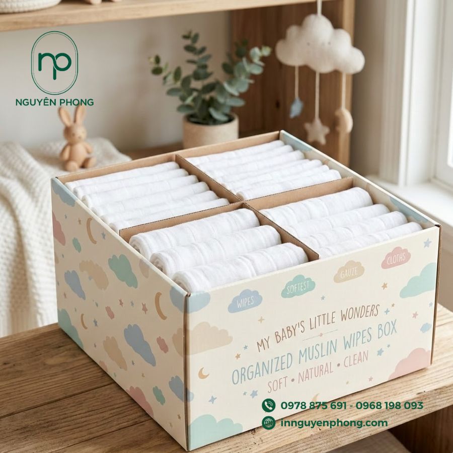 in hộp đựng khăn xô, khăn sữa cho em bé